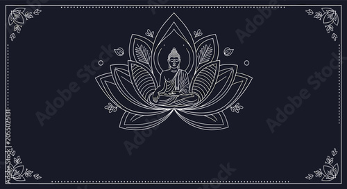 Divine buddha sitting in meditation on a majestic lotus flower in thin white line art over a navy backdrop.