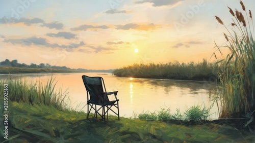 Serene sunset over calm river; lone chair on bank