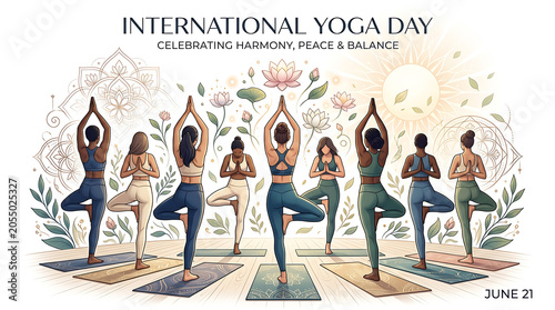 Group of women in tree pose facing the sun for yoga day