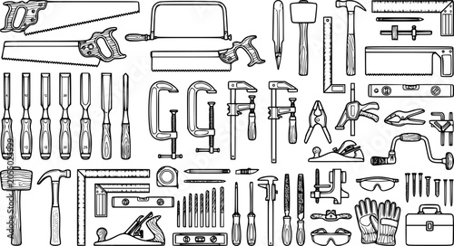 Black line woodworking tools vector collection, hand saws, chisels, clamps and carpentry equipment isolated on white background