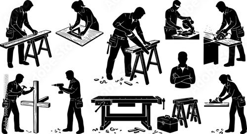 Carpenter silhouette set, measuring, cutting wood, assembling furniture and construction workshop activities isolated on white background