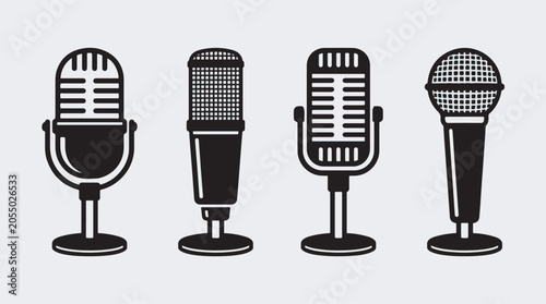 Minimalist black and white vector illustration set featuring four distinct vintage style microphones for professional audio recording and broadcast media
