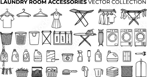 Black line laundry room accessories vector collection, clothes baskets, drying racks, hangers and fabric care equipment isolated on white background