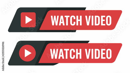 Modern red and black vector graphic design elements featuring a bold watch video button for digital streaming media interface layouts