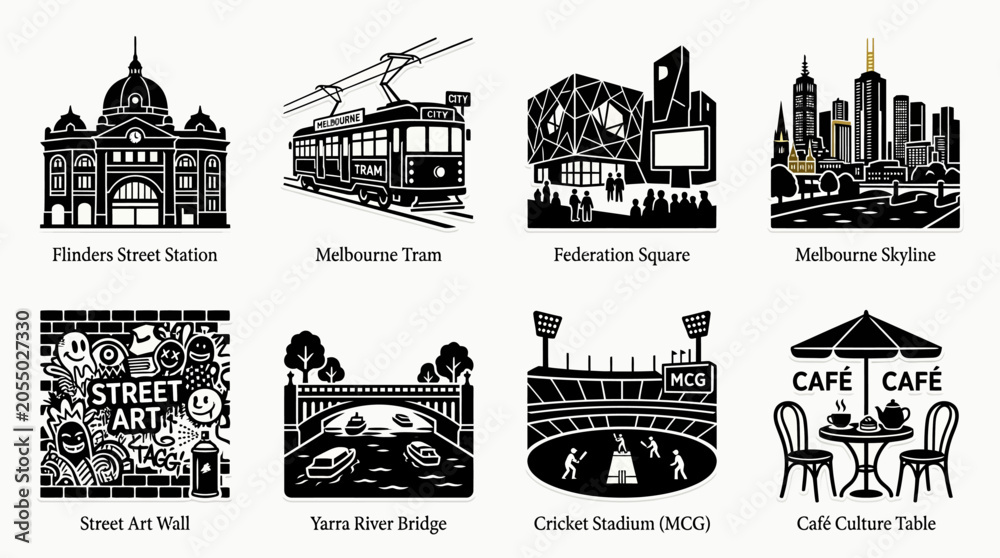 Obraz premium Melbourne landmarks vector illustration featuring Flinders Street Station, tram, Federation Square, skyline, Yarra River Bridge, cricket stadium, street art, and café culture icons for travel and tour
