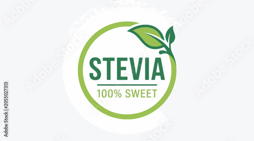 Professional vector illustration of a green stevia leaf logo design featuring bold typography and a circular frame for natural branding