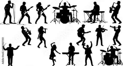 Musician silhouette collection, instrument performance, rehearsal and live entertainment activities isolated on white background