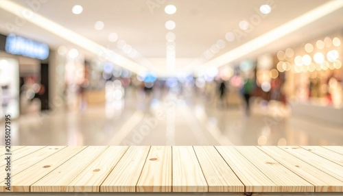 Empty Light Wooden Tabletop Foreground with Defocused Shopping Mall Interior Blur Background.