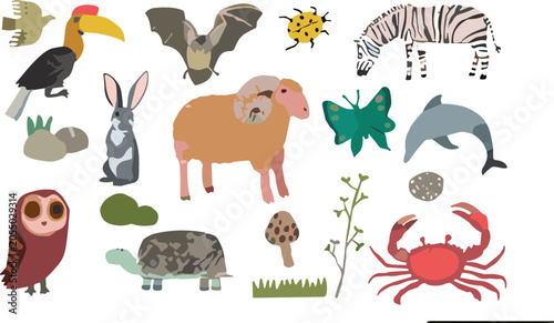 Photography Diverse Wild Animals Vector Collection Featuring Zebra, Dolphin, Owl, Crab, Ram,