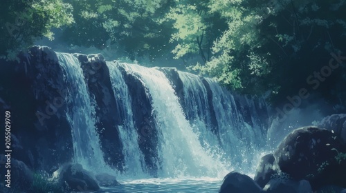 Serene Waterfall in Lush Forest