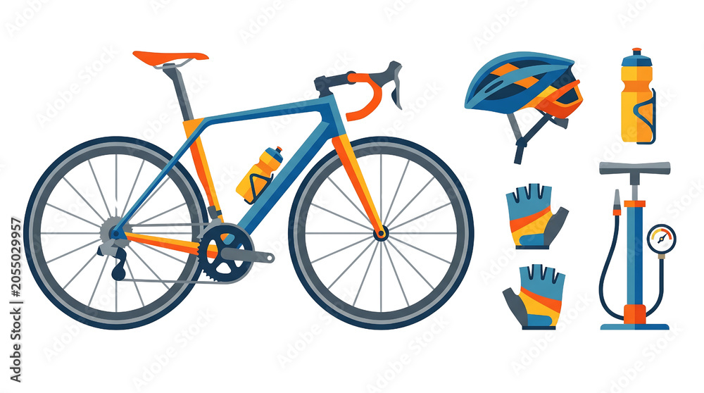Fototapeta premium A collection of cycling equipment including a road bike, helmet, gloves, water bottles, and a pump.