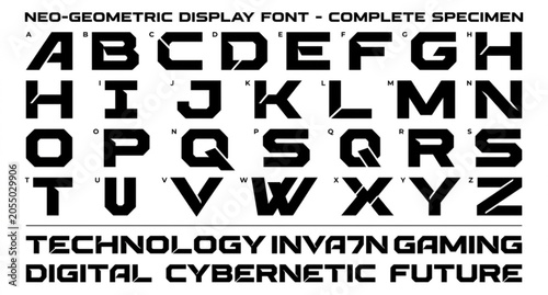Edgy all caps technology font with cut out letterforms vector design