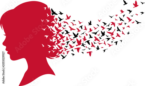 Girl silhouette transforming into flying birds minimalist digital artwork