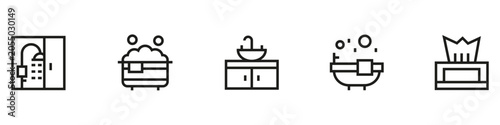 Bathroom Hygiene and Personal Care Icon Set Including Shower Cabin, Bathtub, Sink, Soap and Tissue Box. Editable Stroke Vector Outline Icons Isolated on White Background