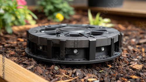 modern garden drainage pedestal support system installed in raised flower bed with mulch and landscaping background
