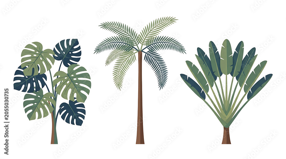 Obraz premium A collection of three distinct tropical plants, including a Monstera, a palm tree, and a traveler's palm, rendered in a stylized, illustrative manner.