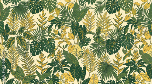 Photos Tropical Leaves Pattern: Lush Jungle Foliage, Vibrant Green and Yellow Botanical