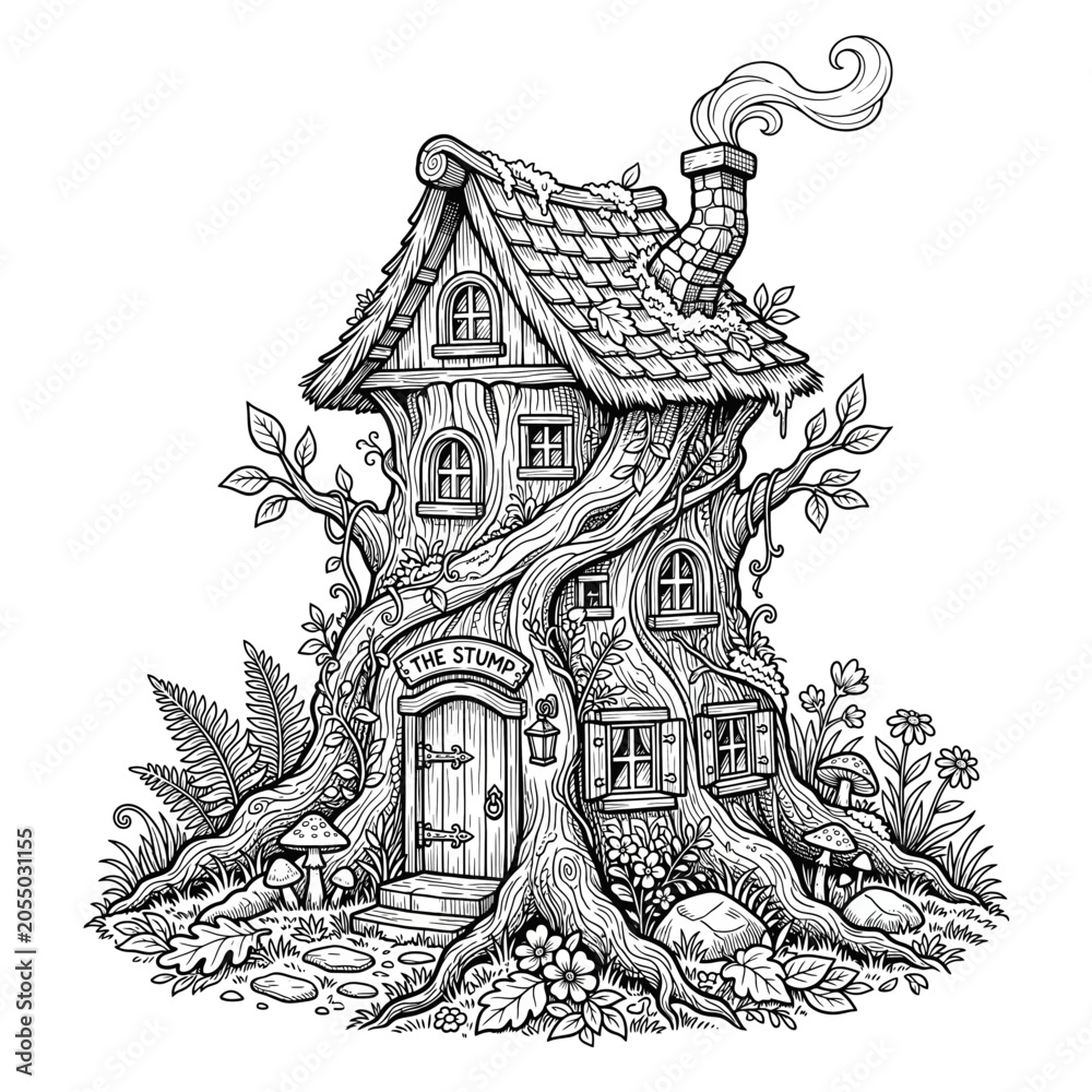 Naklejka premium Detailed whimsical tree stump house illustration, an enchanting fantasy dwelling perfect for coloring books