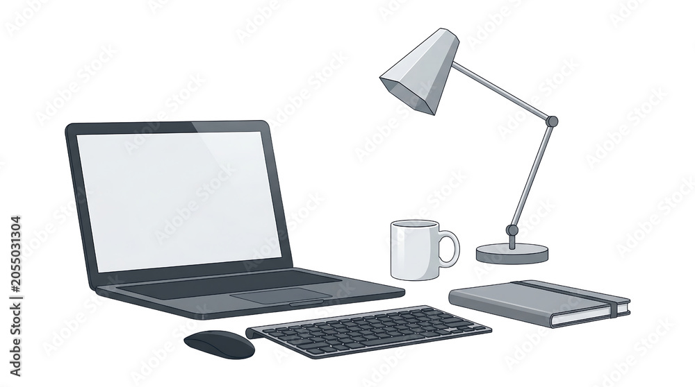Fototapeta premium A modern laptop, keyboard, mouse, desk lamp, mug, and notebook arranged on a white surface, representing a workspace.