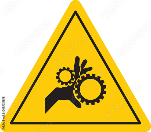 Warning sign for crushing hazard with hand and gears industrial safety symbol for machinery danger isolated on yellow triangle background