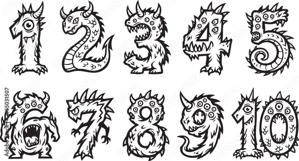 Obraz premium Black and white cartoon monster numbers 1 to 10 with horns, spikes, and scales, designed for children's learning or Halloween themes.