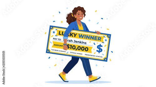 Cuadro en lienzo Happy woman holding a large prize check for ten thousand dollars