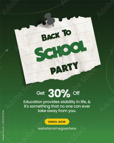 Green Back to School Party Flyer Template with Modern Paper Note Design