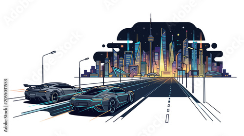 Bild auf Leinwand Futuristic sports cars driving towards a glowing night city skyline