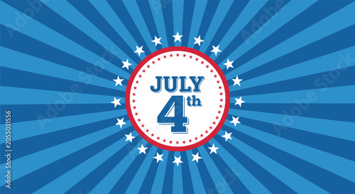 Fourth of July celebration banner with a retro blue sunburst background and a circular star border pattern detail.
