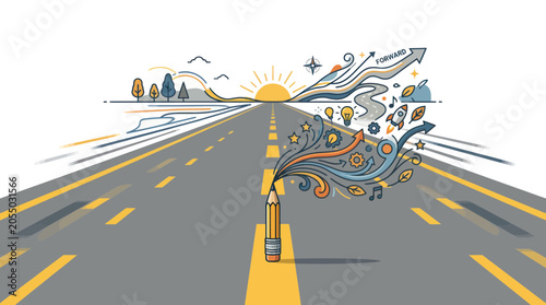 Creative journey conceptualized by pencil drawing road to horizon