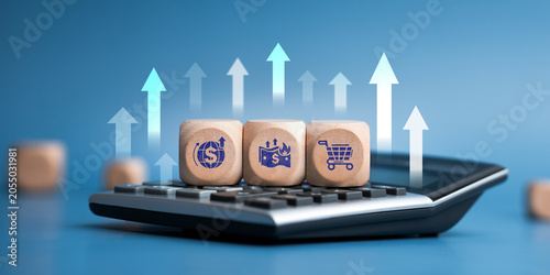 Foto Economic crisis concept with inflation icons on wooden cubes over financial calculator, rising interest rates and market volatility