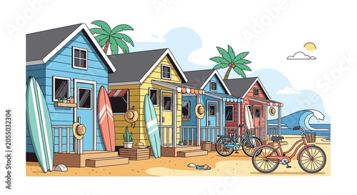 Colorful Beachside Tiny Homes with Surfboards and Bikes