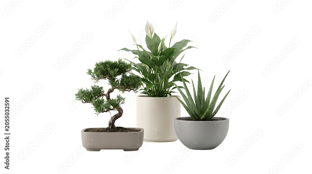 Fototapeta premium A collection of three distinct potted plants, including a bonsai, a peace lily, and an aloe vera, arranged against a white background.