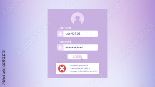 Wrong password notification in user account login form. Username and password input form. Logging in problem. User authorization interface UI vector elements.