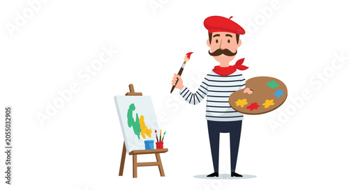 Creative french painter character wearing a red beret and holding a colorful palette next to his easel on white.