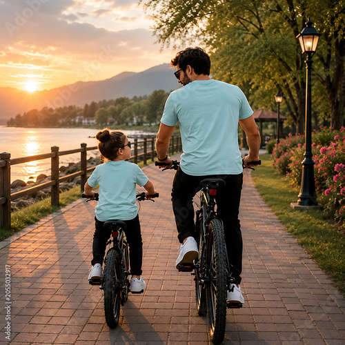 Father and Child Cycling Together at Sunset, Family Outdoor Adventure and Healthy Lifestyle