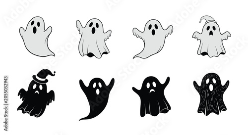 Spooky halloween ghost set containing eight cartoon phantoms in both outline and solid black silhouette styles.