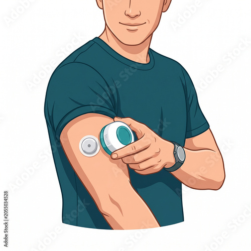 Man Applying Continuous Glucose Monitor (CGM) Sensor Patch to Upper Arm, Premium Vector Stock Illustration