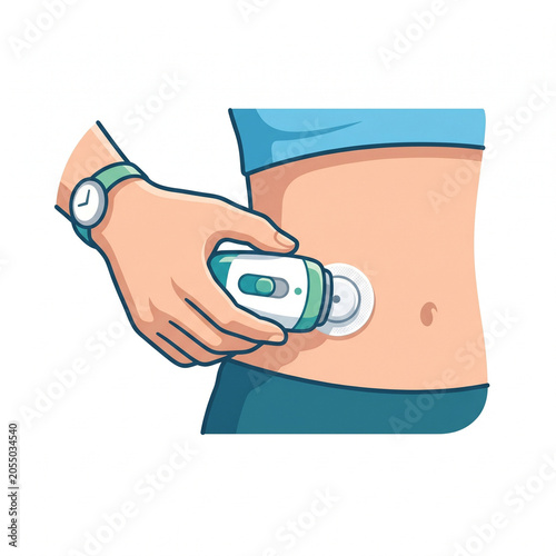 Applying Continuous Glucose Monitor (CGM) Sensor Patch to Abdomen, Diabetes Management Vector Illustration