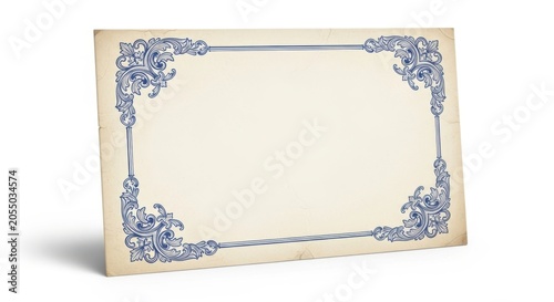 Vintage paper card with blue ornate floral frame isolated on white background