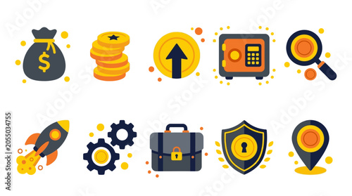 Картината върху платно Business icons depict growth and security with money, coins, and shield