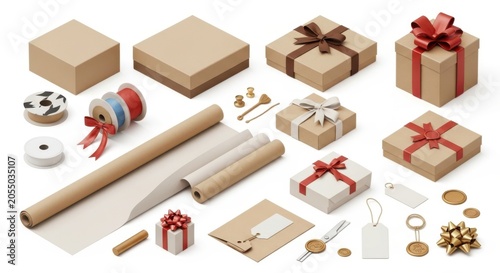 Gift wrapping supplies and decorated boxes isolated on white background