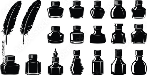 Quill and ink bottle silhouette illustration set, vintage writing tools artwork, calligraphy vector design, stationery graphic, black and white drawing