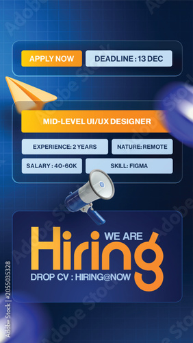 Creative recruitment flyer template featuring job opening advertisement, hiring campaign, professional corporate design, remote work opportunity, modern typography, vibrant blue gradient background