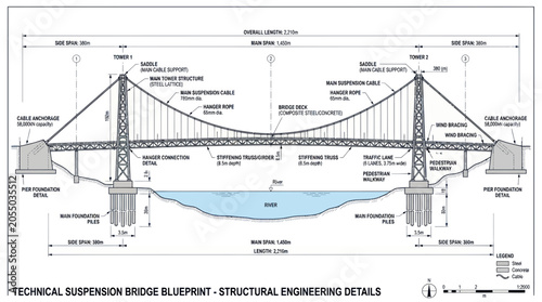 Suspension bridge blueprint with structural engineering details