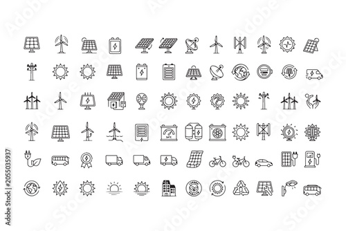 48 Renewable Energy Icon Set – Hand Drawn Solar, Wind, Battery and Electric Vehicle Line Icons for Sustainability and Green Technology
