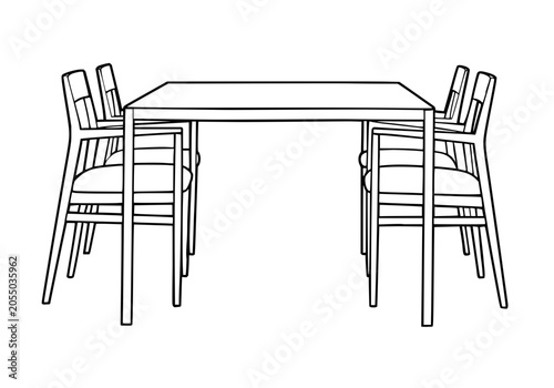 Moderne Essgruppe mit Tisch und vier Stühlen als Linienzeichnung