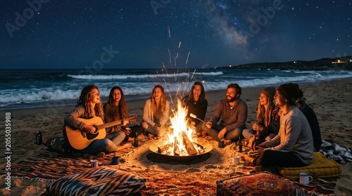 Grandfather telling stories to grandchildren by backyard fire pit, family bonding around campfire at dusk, cozy autumn evening with blankets