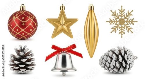 Set of various christmas ornaments isolated on white background