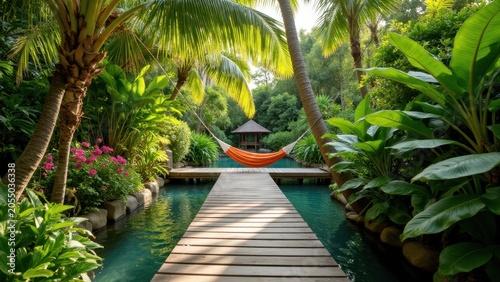 Luxurious hideaway featuring a hut with a swinging hammock overlooking a pool. A tranquil tropical vacation spot with palm trees and waterfront views.